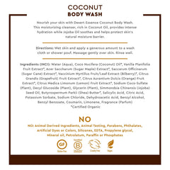 Desert Essence Gel Douche Coco, flacon et huile jojoba, hydratation douce.