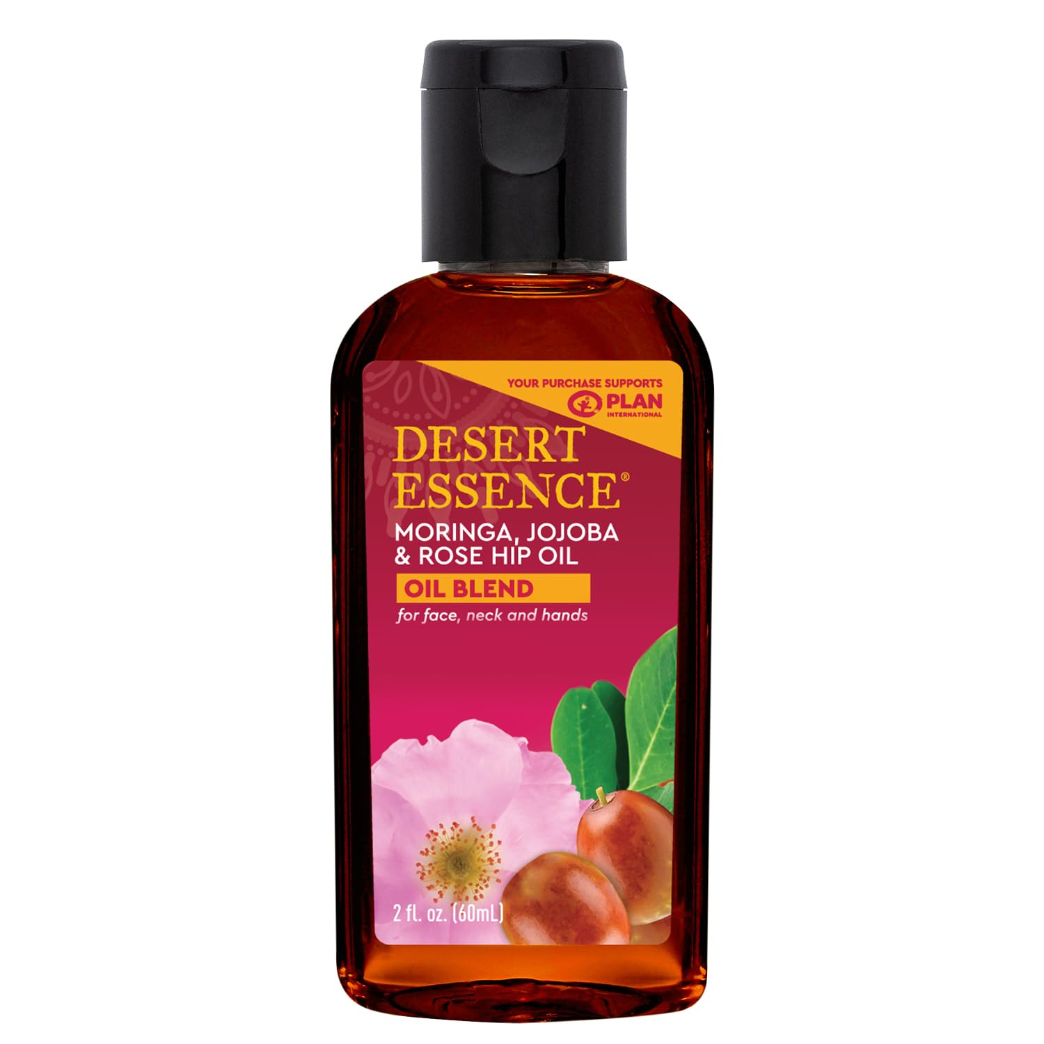 Desert Essence huile moringa-jojoba-rose-musquee, bouteille prête à hydrater la peau du visage.