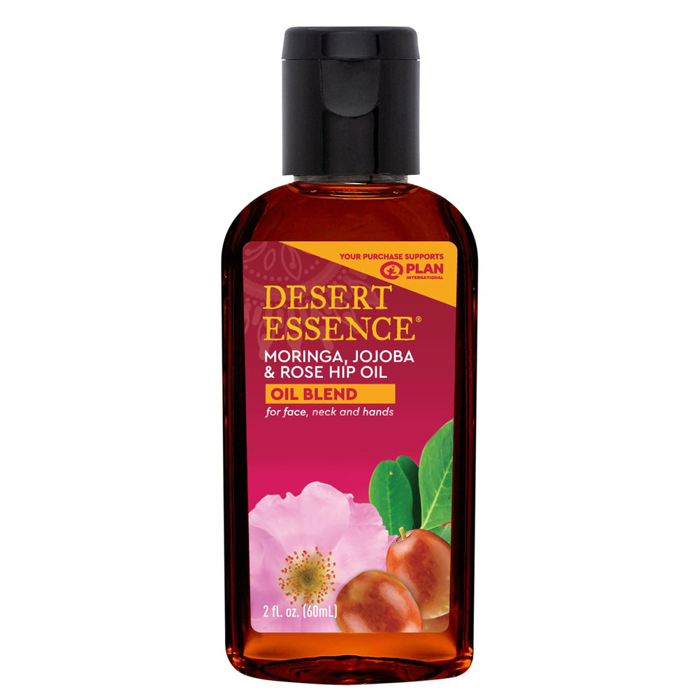 Desert Essence huile moringa-jojoba-rose-musquee, bouteille prête à hydrater la peau du visage.