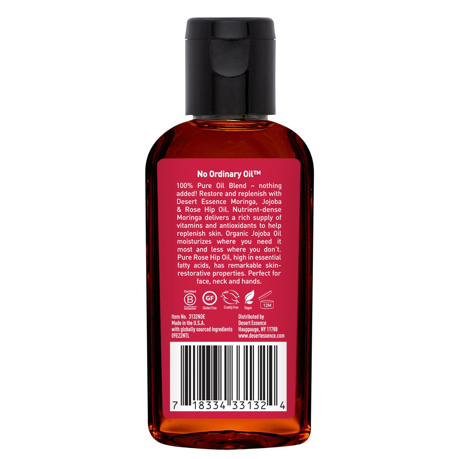 Desert Essence huile moringa-jojoba-rose-musquee, fabriquée aux USA avec ingrédients responsables.