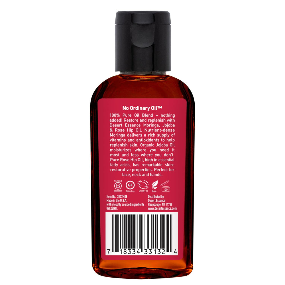 Desert Essence huile moringa-jojoba-rose-musquee, fabriquée aux USA avec ingrédients responsables.