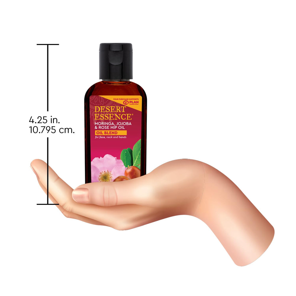Desert Essence huile moringa-jojoba-rose-musquee, peau lumineuse et hydratée après utilisation.