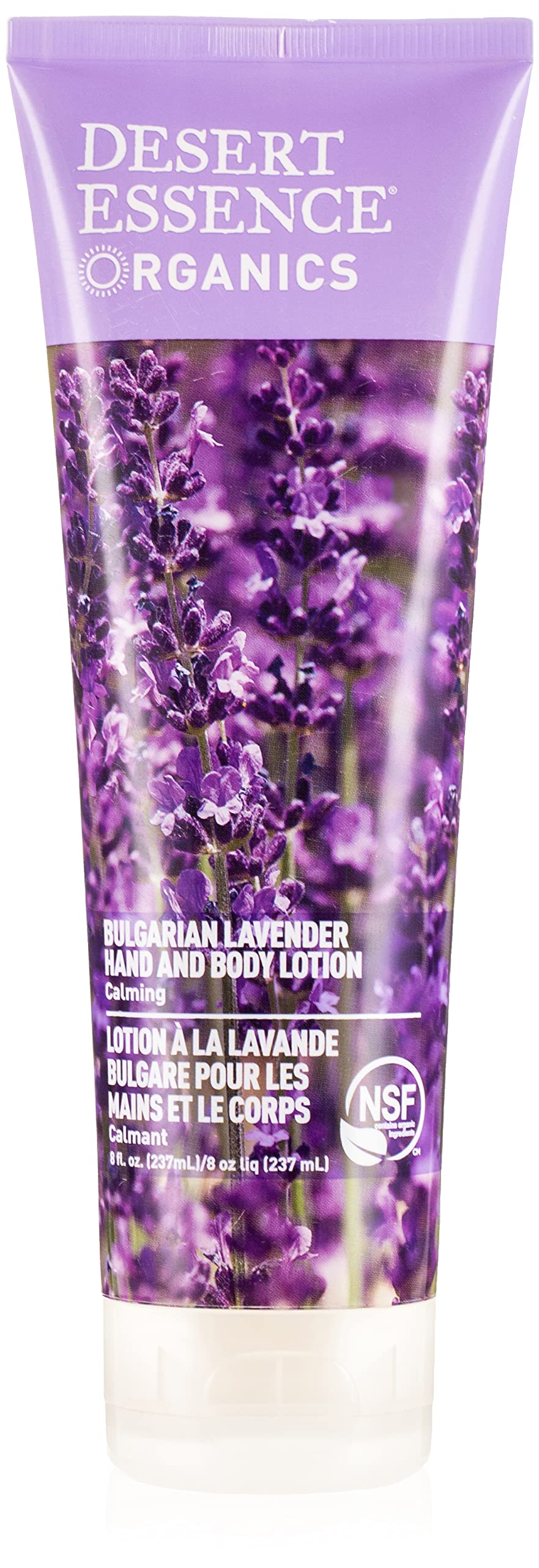 Desert Essence Lotion lavande bulgare sur flacon, hydratation apaisante pour mains et corps.