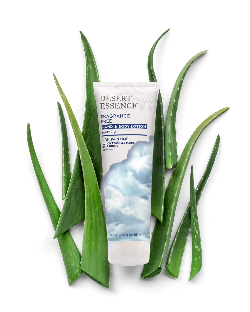 Desert Essence lotion mains-corps sans parfum, fabriquée aux États‑Unis avec des pratiques responsables
