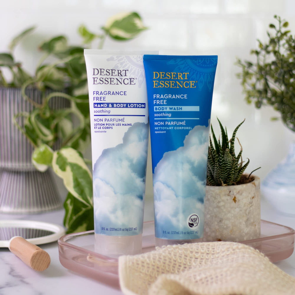 Desert Essence lotion mains-corps sans parfum, hydratation naturelle adaptée aux peaux sensibles