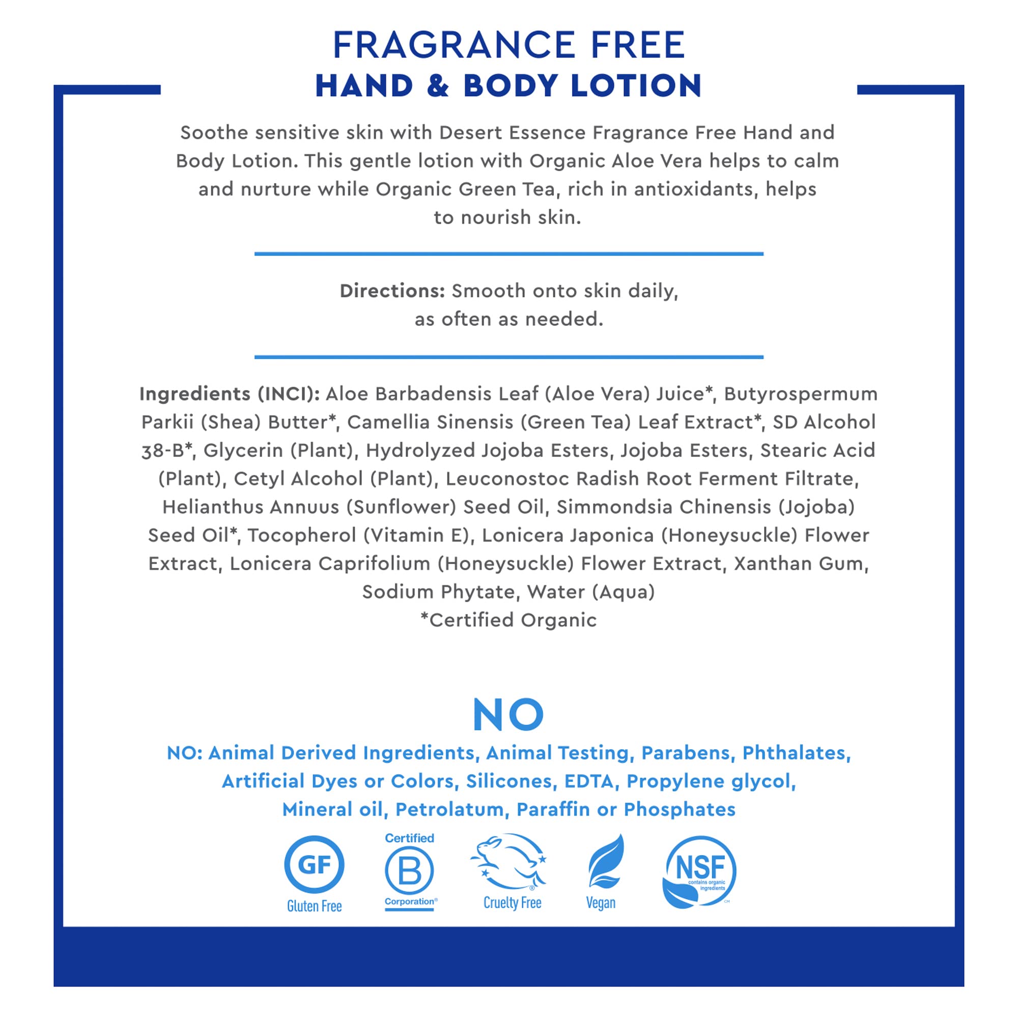 Desert Essence lotion mains-corps sans parfum, ingrédients biologiques nourrissants pour la peau