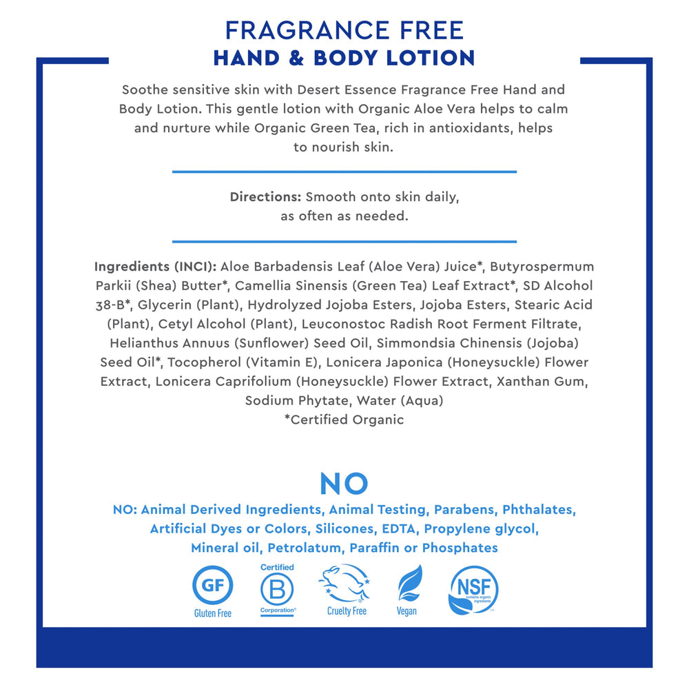 Desert Essence lotion mains-corps sans parfum, ingrédients biologiques nourrissants pour la peau