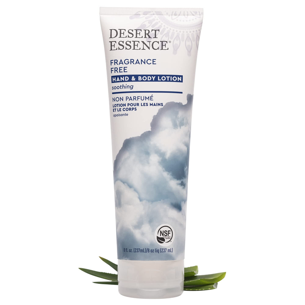 Desert Essence lotion mains-corps sans parfum, texture crème, pénètre rapidement