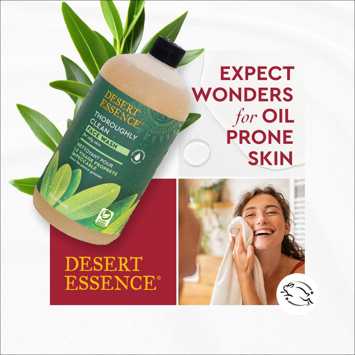 Formule biologique Desert Essence pour peaux grasses et sensibles.