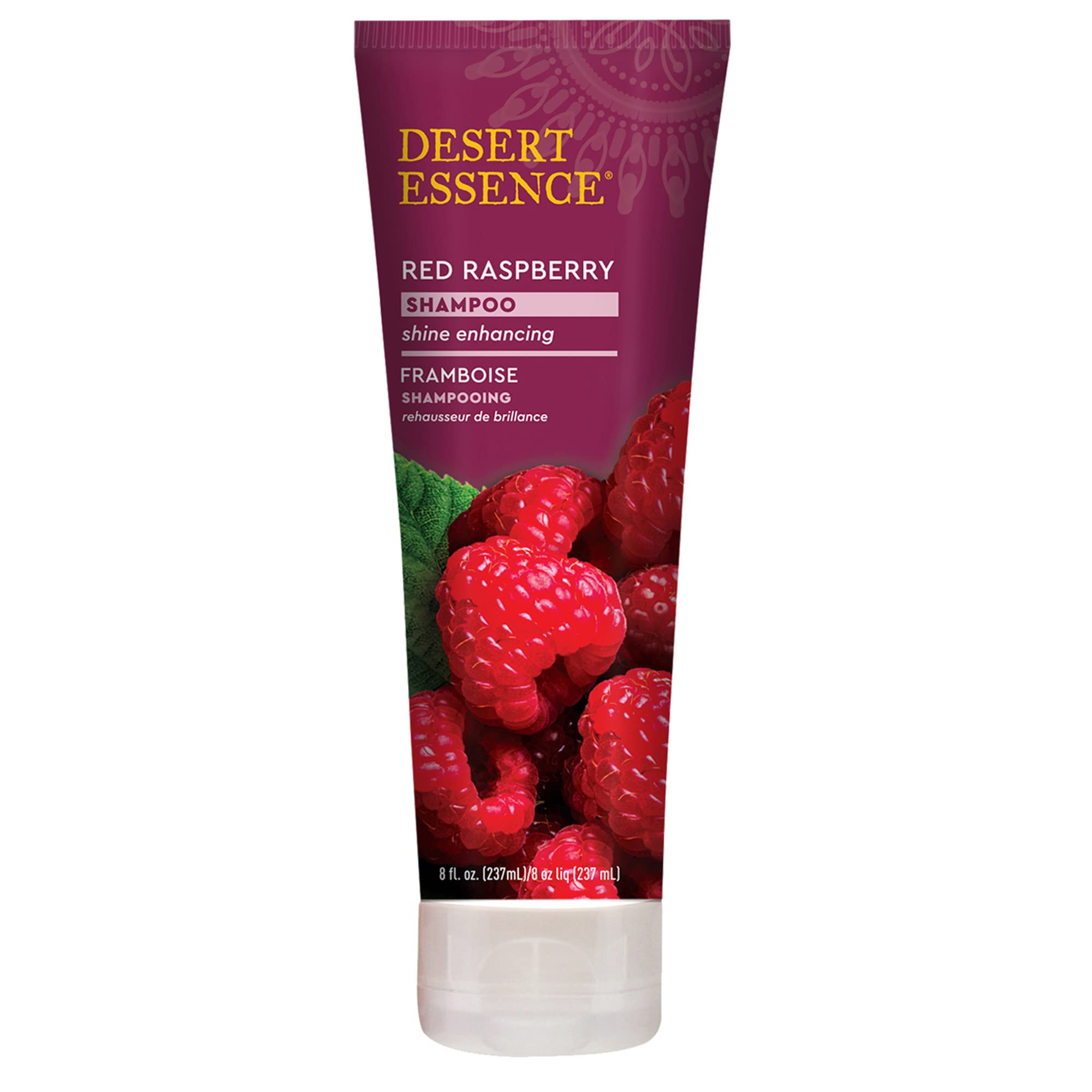 Shampoing Desert Essence Framboise Rouge en bouteille, brillance durable.