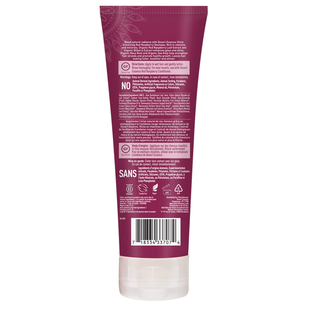 Extrait de framboise rouge dans le Shampoing Desert Essence pour renforcer les cheveux.