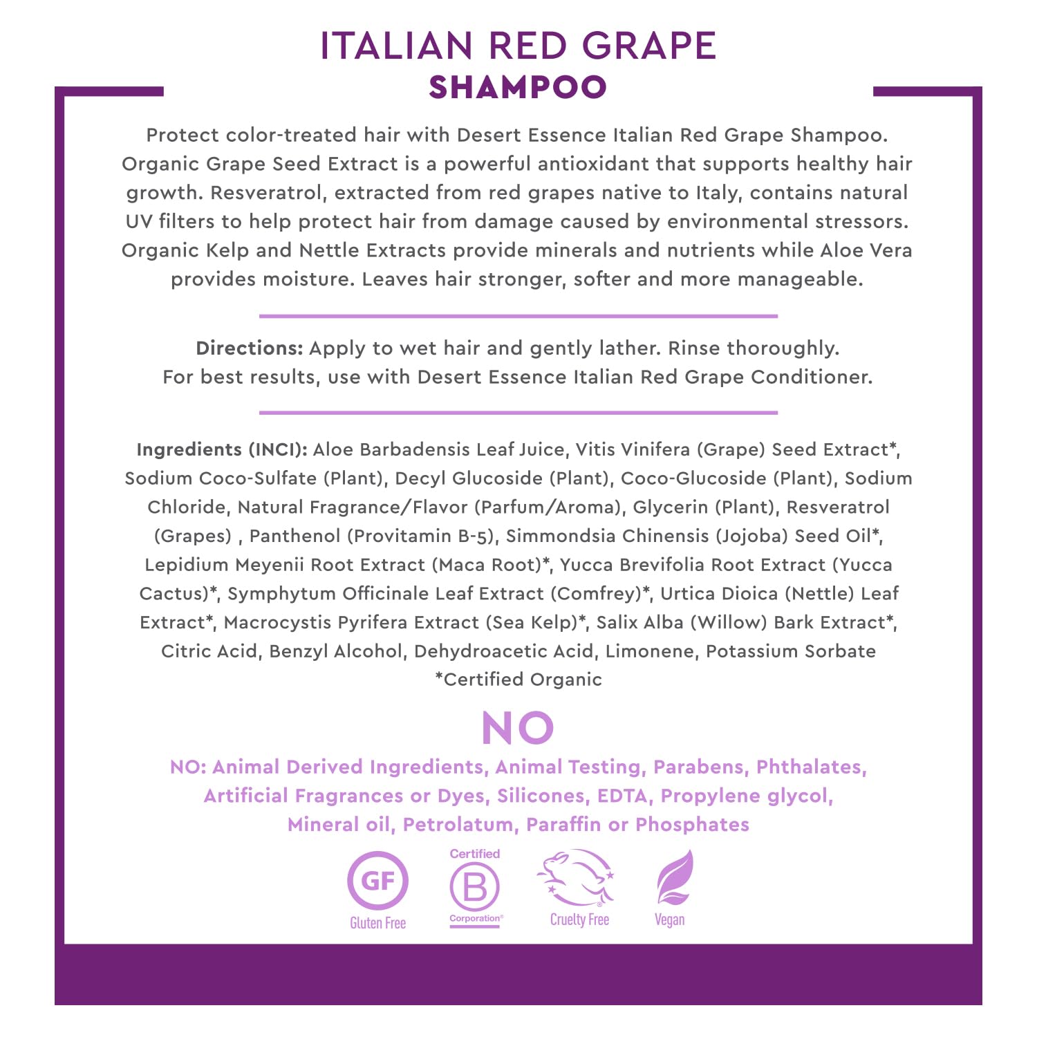 Desert Essence Shampoing Raisins Rouges Italien – protection ultraviolet potentielle pour cheveux exposés au soleil.