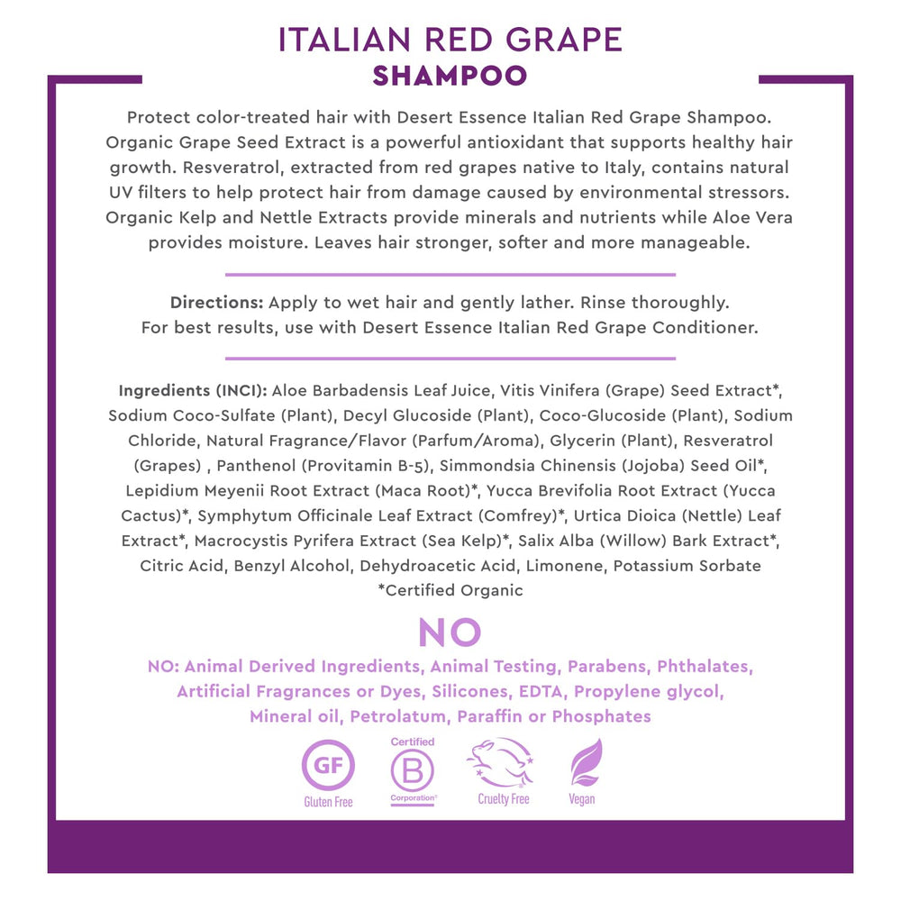Desert Essence Shampoing Raisins Rouges Italien – protection ultraviolet potentielle pour cheveux exposés au soleil.