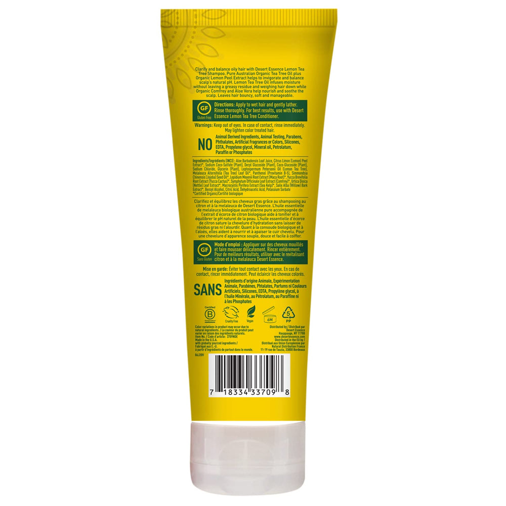 Desert Essence Shampooing Citron, étiquette clair pour repérer rapidement la formulation organique.