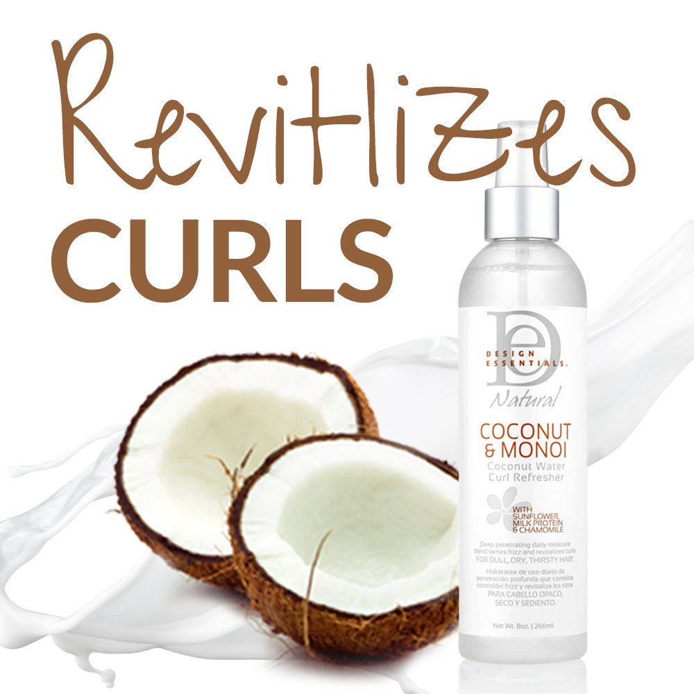 Design Essentials Coconut Curl Refresher — texture légère sur cheveux secs: frisottis maîtrisés.