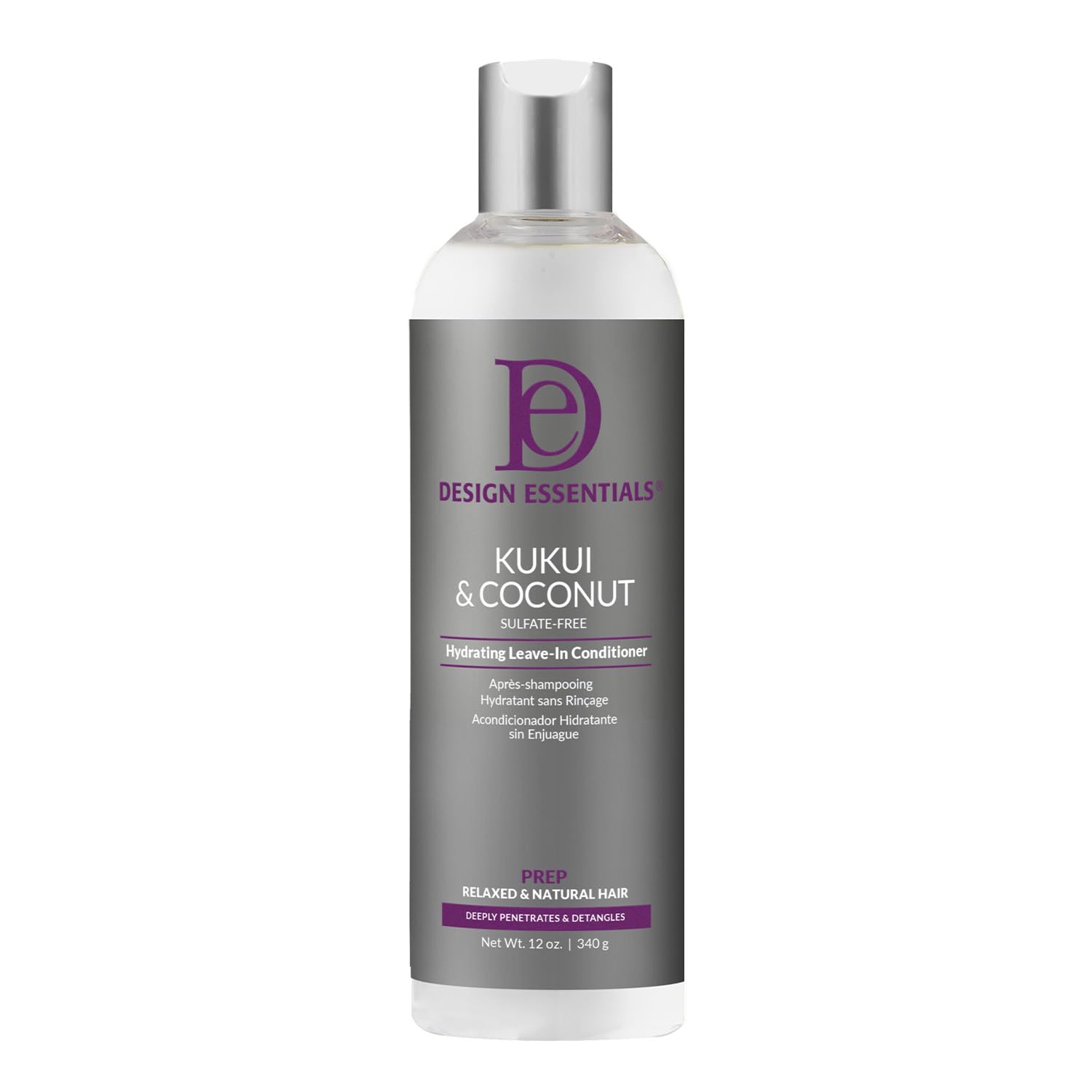Bouteille Design Essentials Kukui & Coconut Hydratant sans rinçage prête pour hydratation rapide.