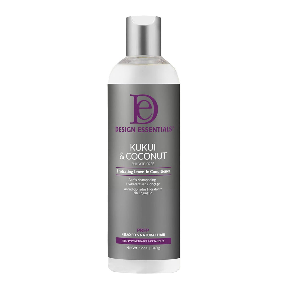 Bouteille Design Essentials Kukui & Coconut Hydratant sans rinçage prête pour hydratation rapide.