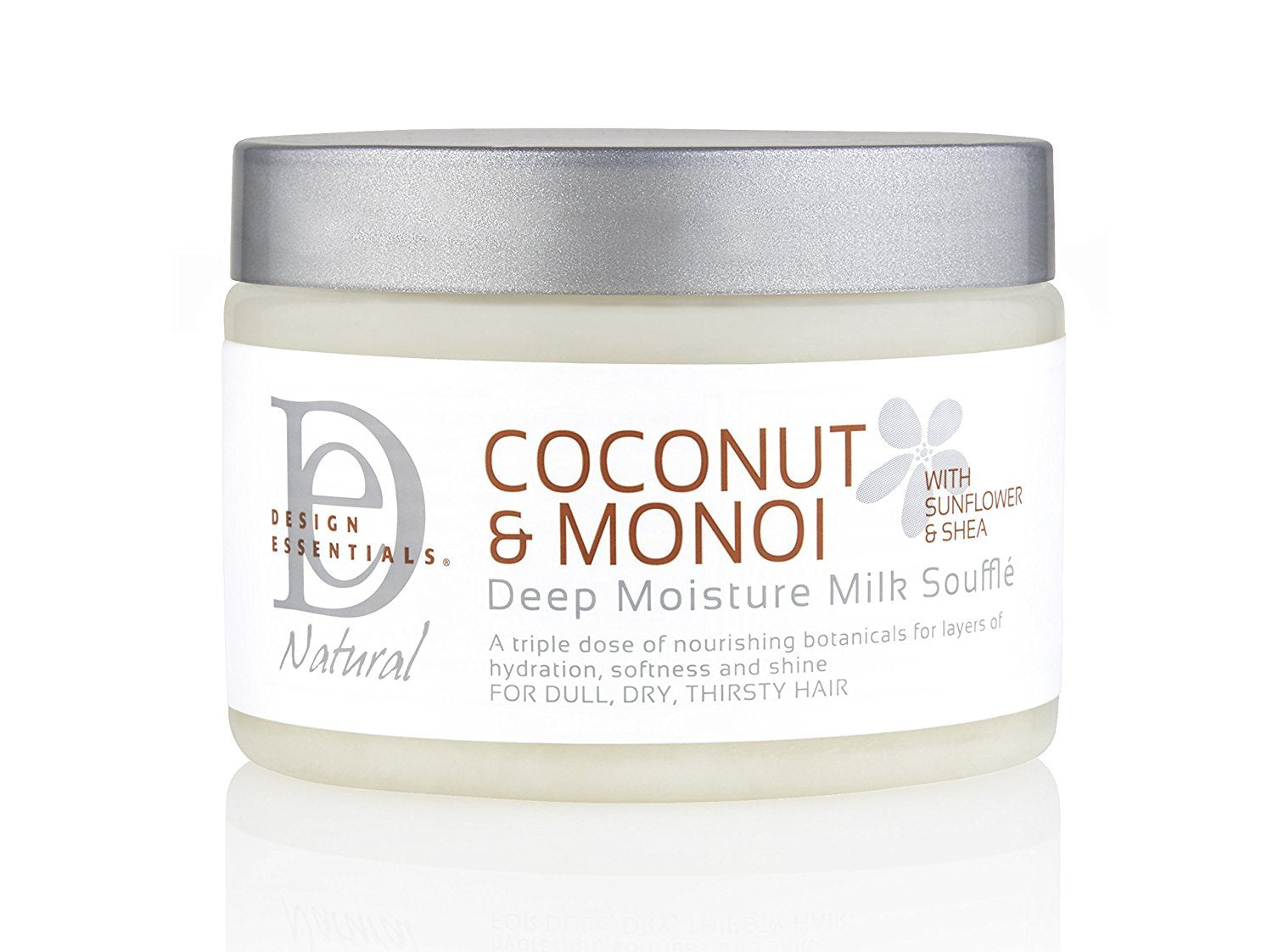 Design Essentials lait-soufflé Coco-Monoi en flacon, hydratation intense pour cheveux bouclés.