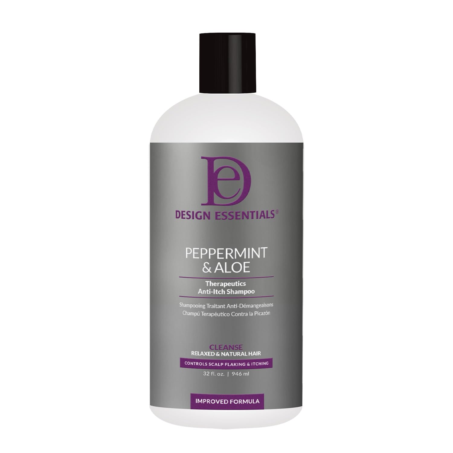 design essentials shampoing menthe-poivrée et aloe en bouteille, réduit les pellicules et hydrate le cuir chevelu.