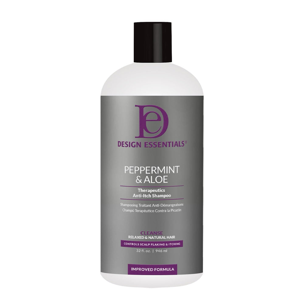 design essentials shampoing menthe-poivrée et aloe en bouteille, réduit les pellicules et hydrate le cuir chevelu.