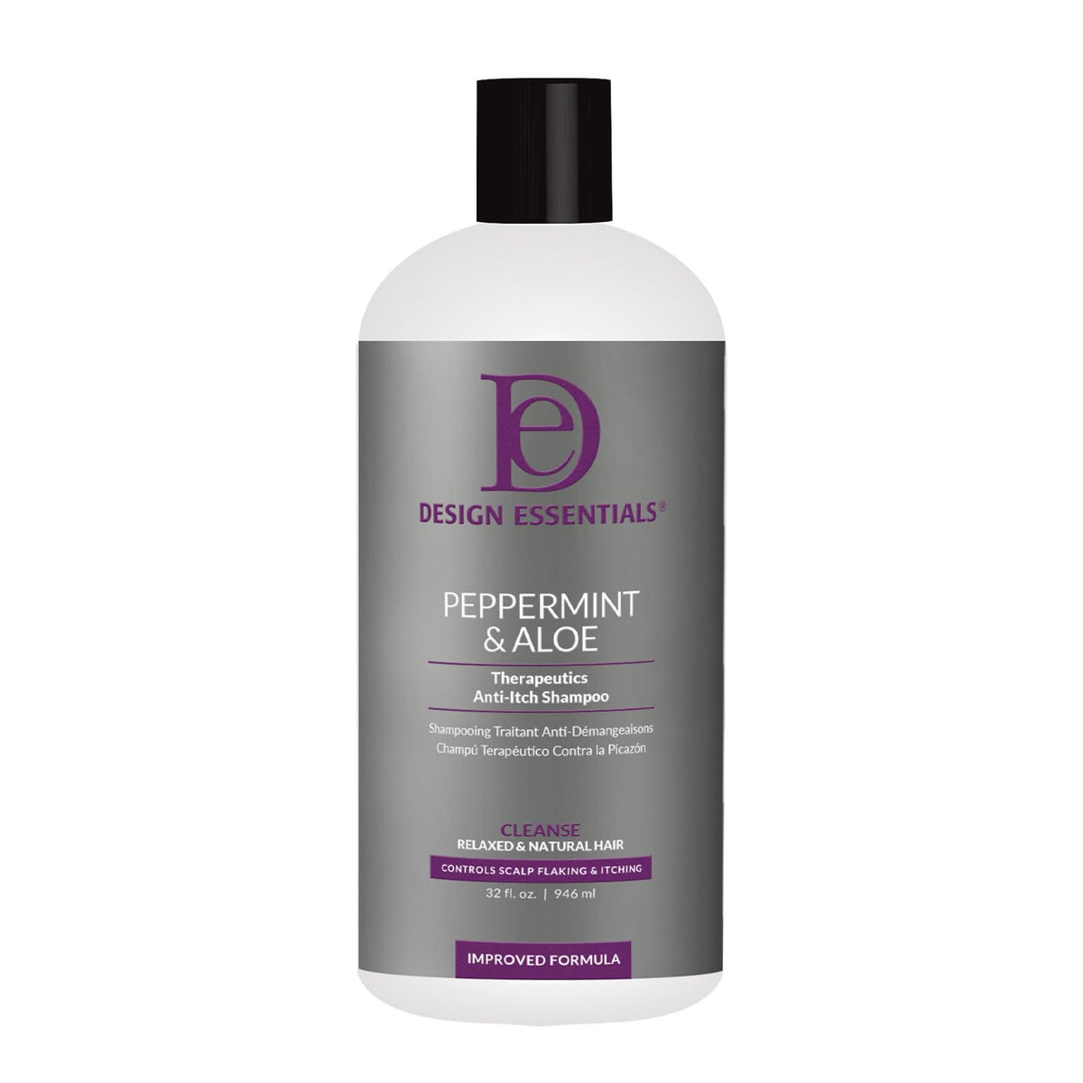 design essentials shampoing menthe-poivrée et aloe en bouteille, réduit les pellicules et hydrate le cuir chevelu.