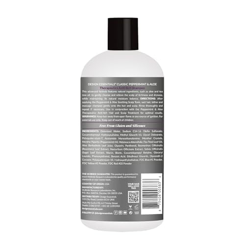 design essentials shampoing menthe-poivrée et aloe mousse, offre une mousse agréable et apaise le cuir chevelu.