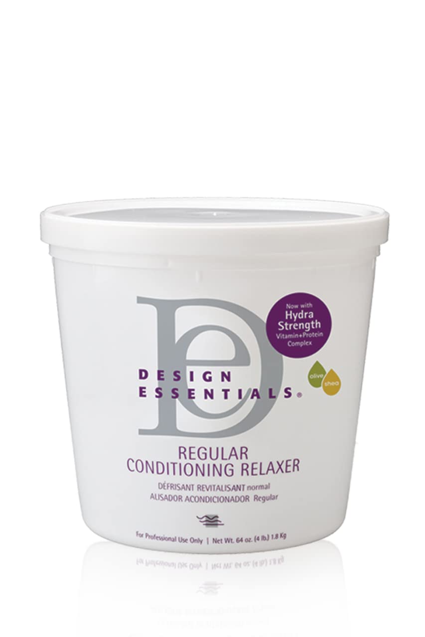 Relaxer conditionnant Design Essentials Regular, bouteille visible, application facile et cheveux lisses.