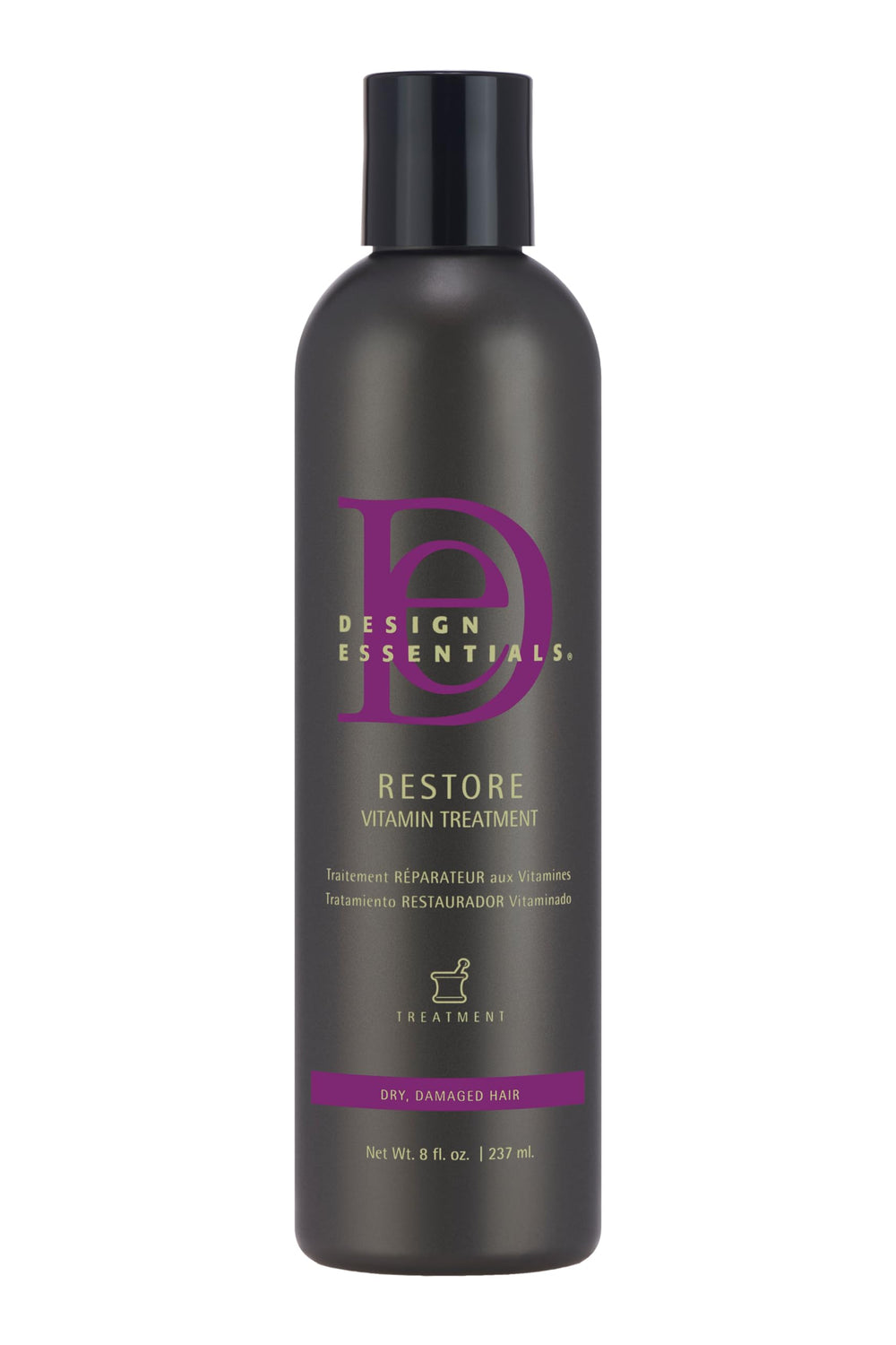 Bouteille Design Essentials Restore Vitamin prête à nourrir les cheveux secs.