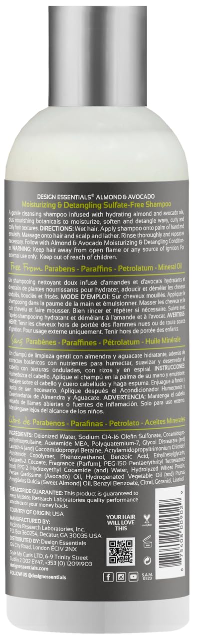 Design Essentials shampoing amande-avocat, mousse légère pour lavage en douceur des boucles.