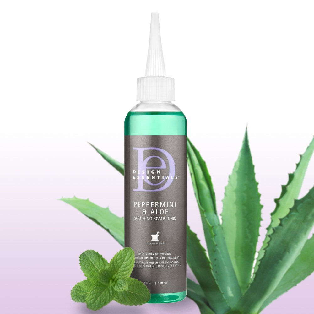 Design Essentials tonique cuir chevelu menthe-aloe, sensation fraîche après usage.