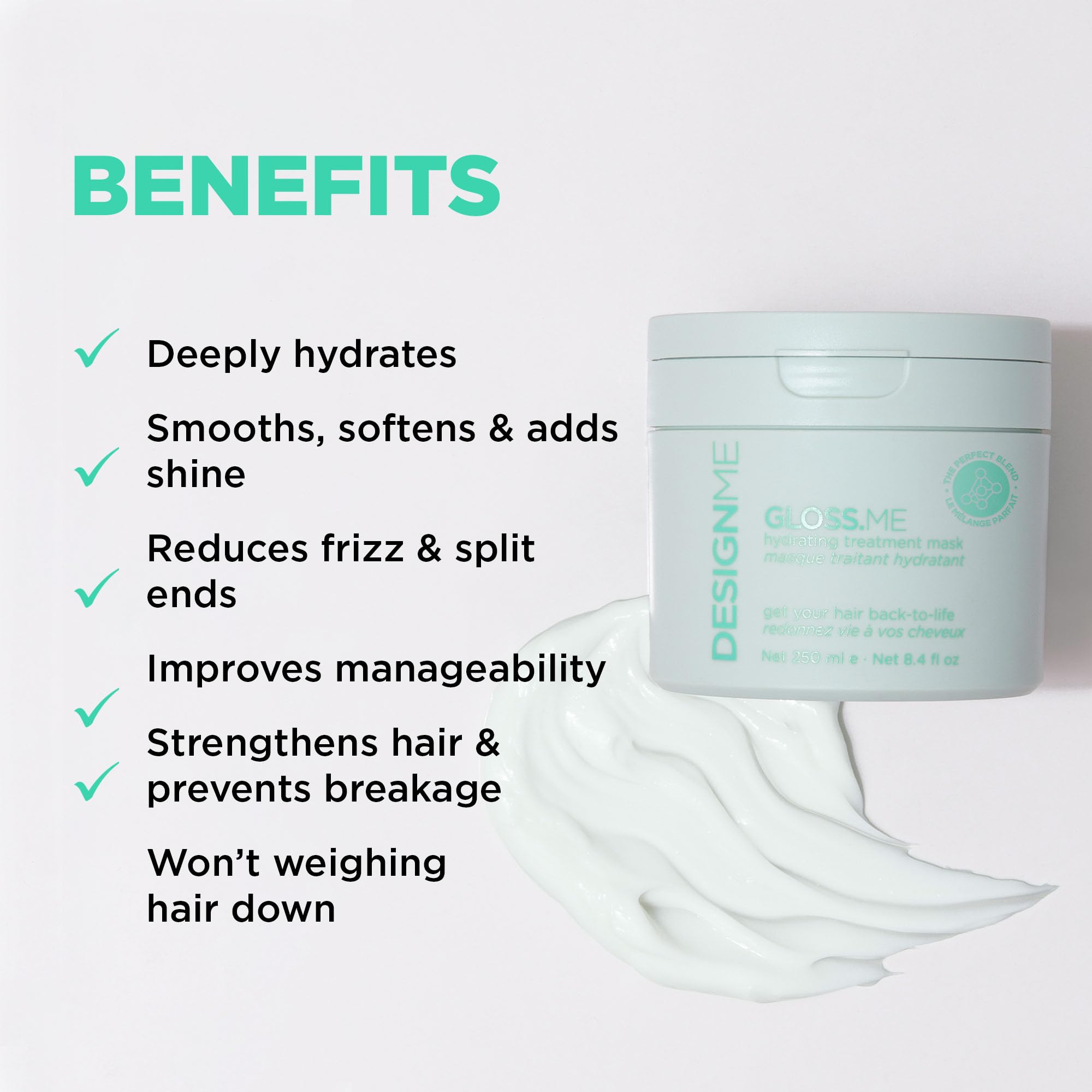 Design.Me Gloss.ME – application crèmeuse sur cheveux, rinçage facile et léger.