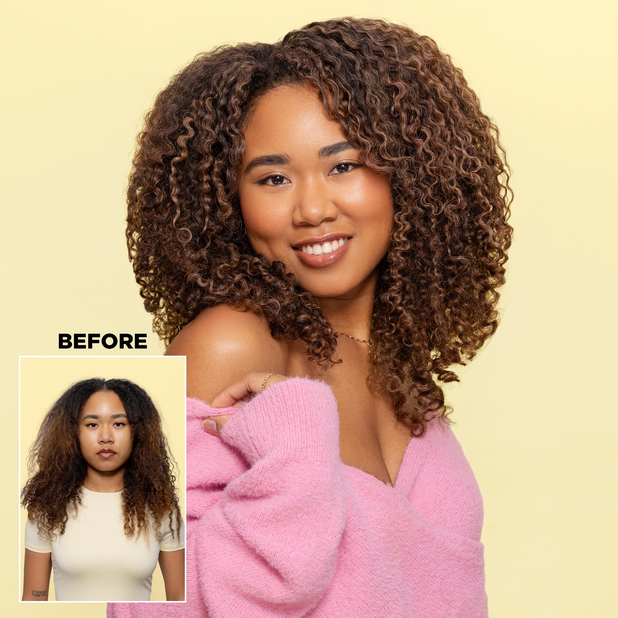 Boucles définies après coiffage avec BOUNCE.ME et mouvement naturel.