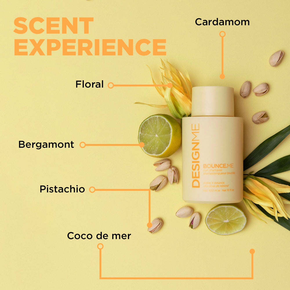 Design.Me BOUNCE.ME shampoing – brillance et hydratation visibles sur boucles.