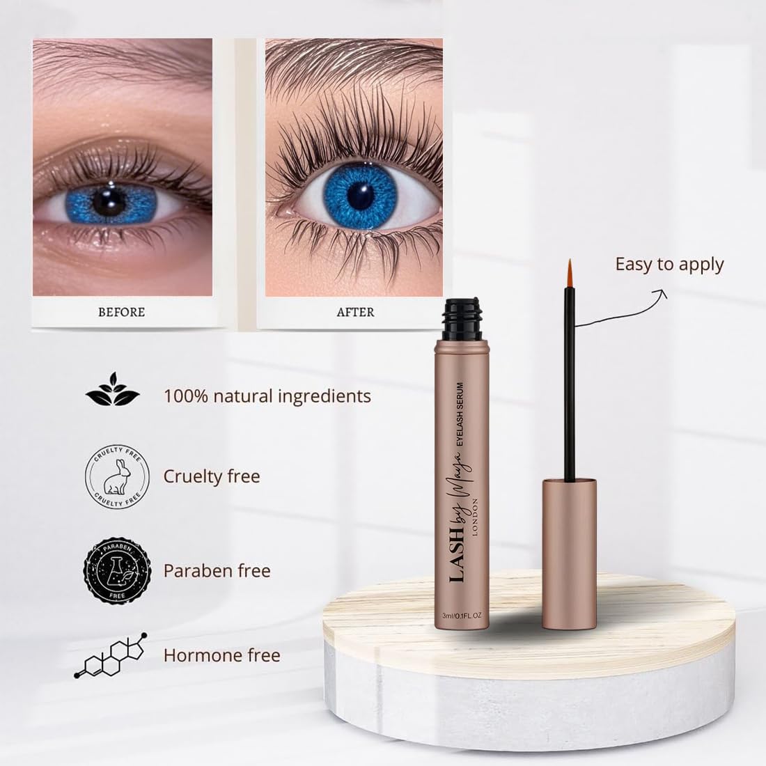 Utilisation quotidienne du sérum Lash by Maya pour des cils nourris.