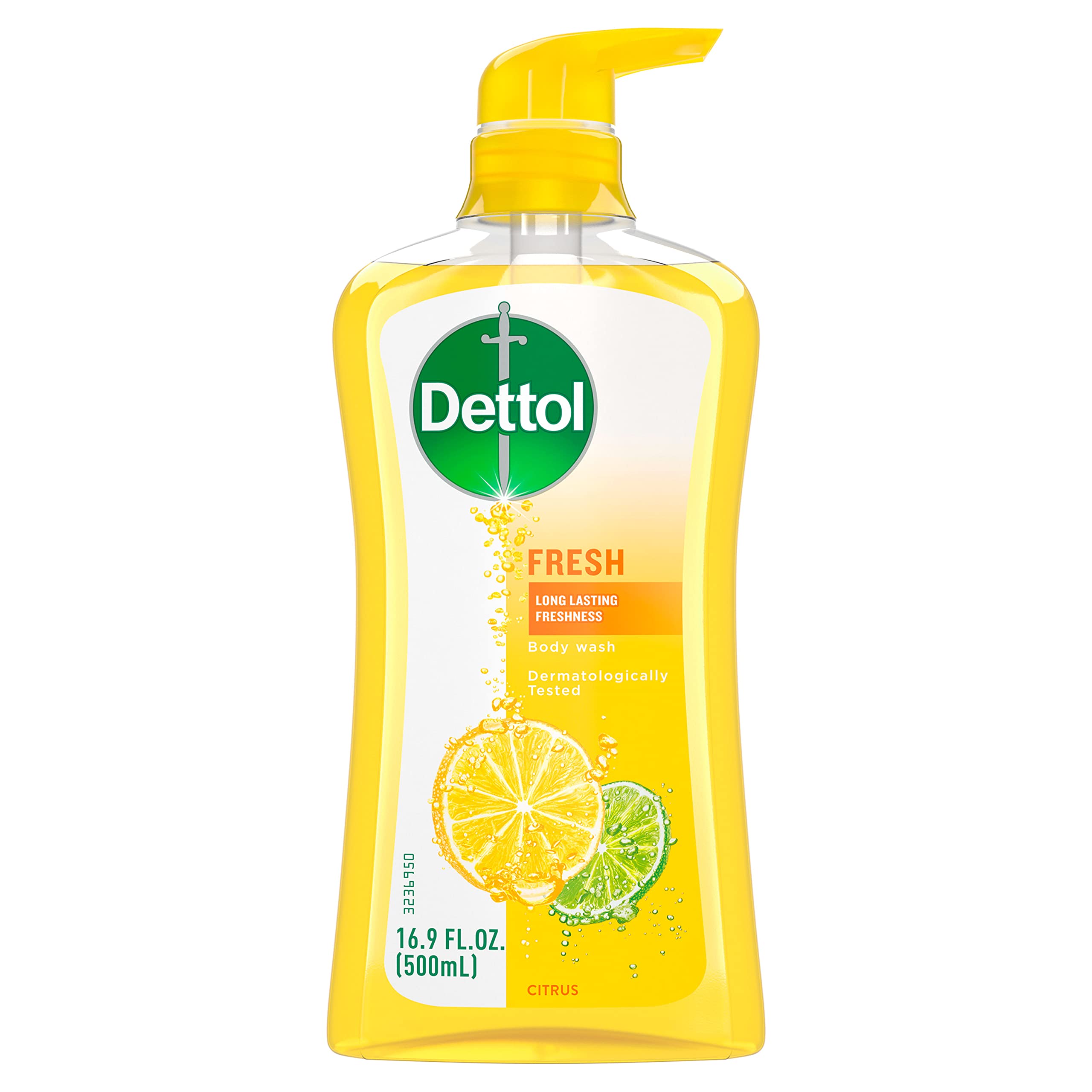 Gel douche Dettol Fresh yuzu, bouteille 500 ml, fraîcheur durable.
