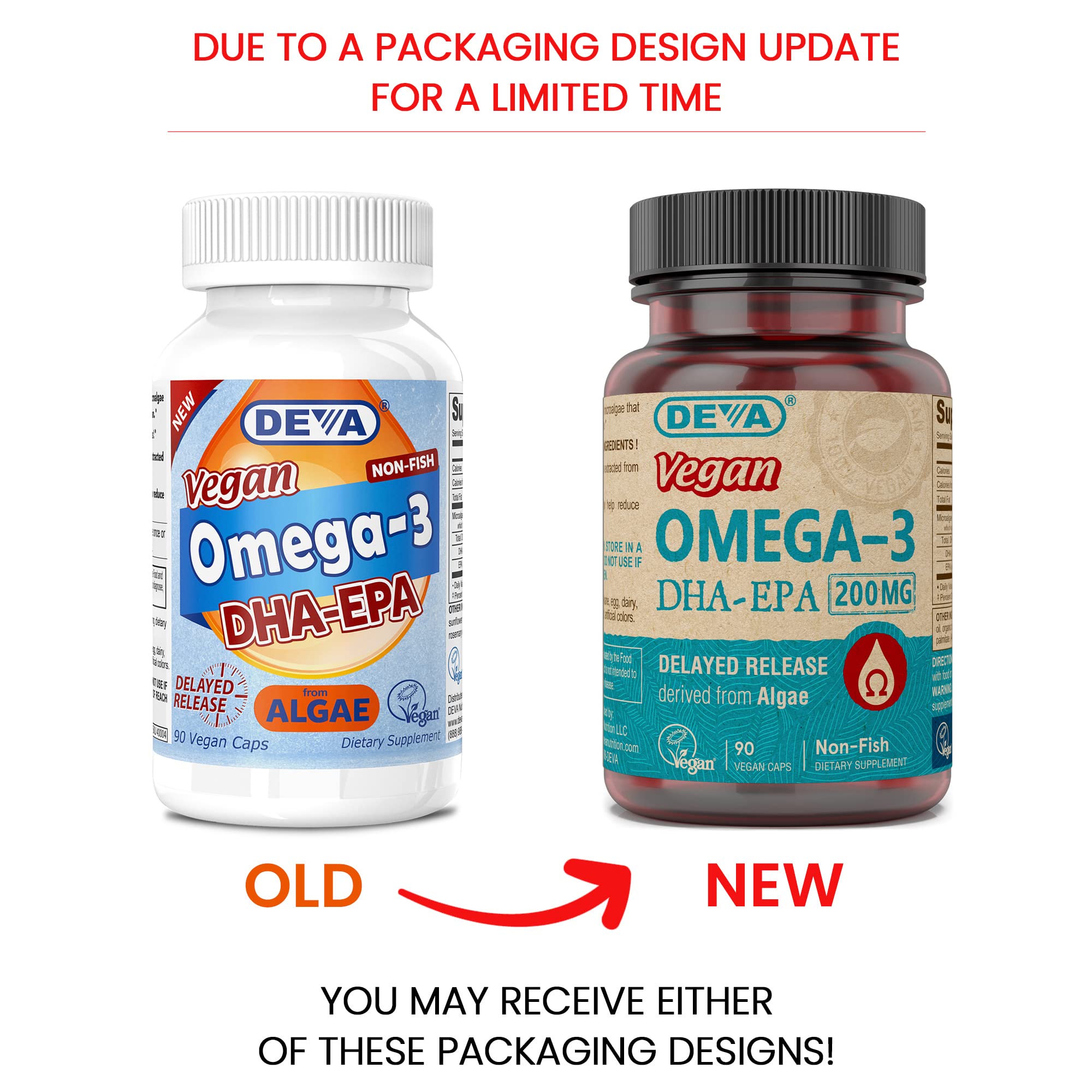 DEVA Omega-3 capsules close-up, delayed-release formula reduces aftertaste for daily use