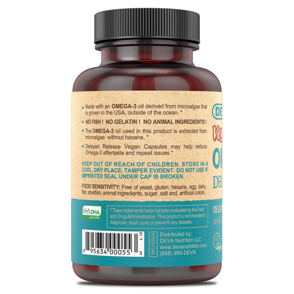 DEVA packaging front shows microalgae-derived DHA-EPA for vegans