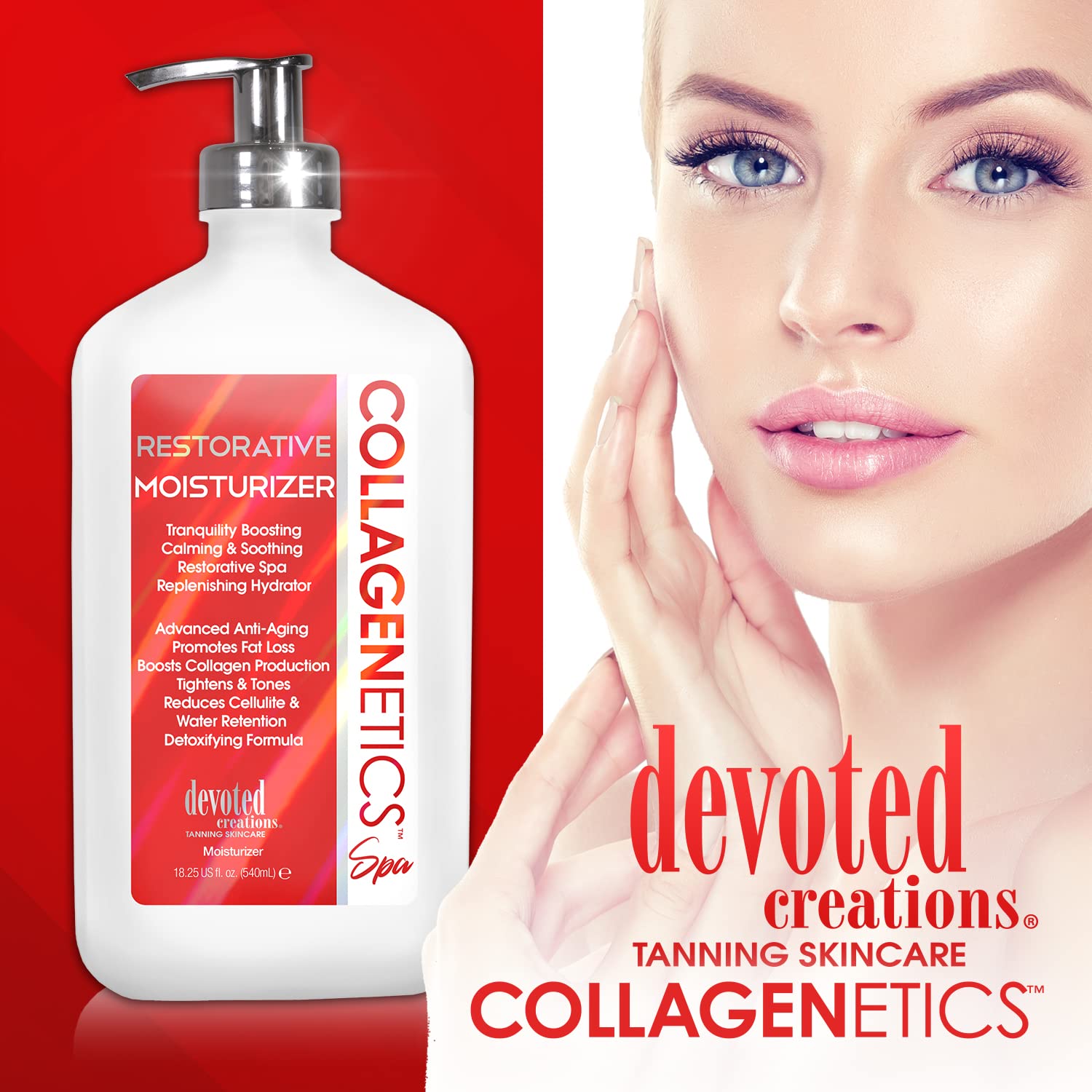 Devoted Creations Collagenetics Spa Restorative Moisturizer jar highlights rich formula for nourishing routines.