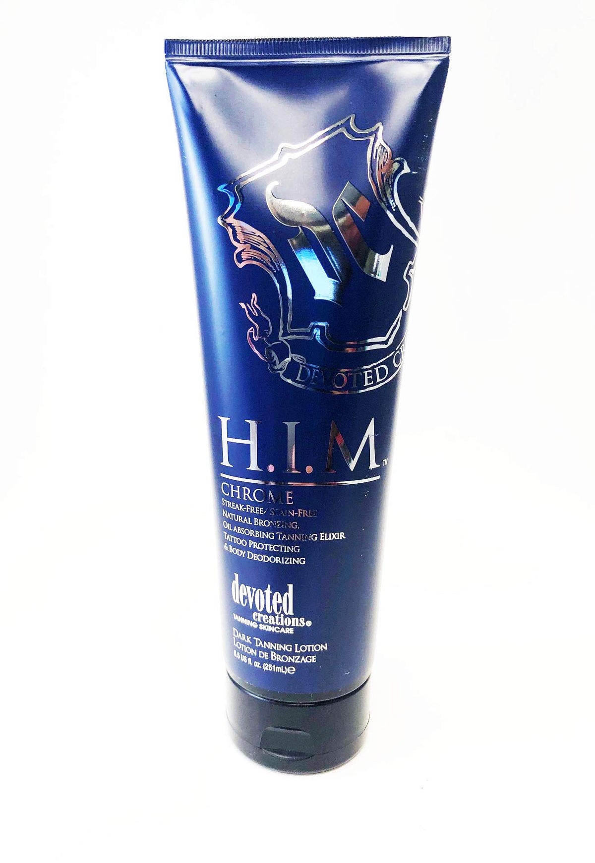 Devoted Creations H.I.M Chrome – bouteille bronzante masculine, résultat naturel et sans traces.