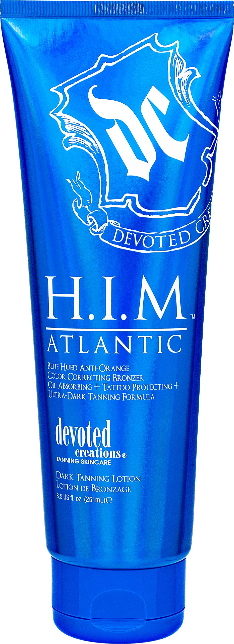 Devoted Creations HIM Atlantic – lotion bronzante bleu pour un bronzage profond et naturel.