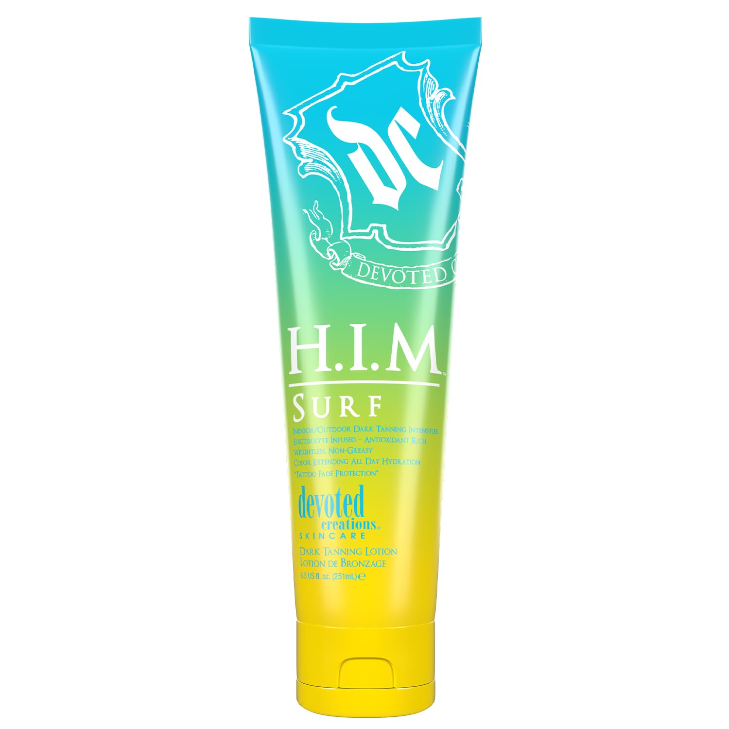 Devoted Creations HIM Surf, bouteille électrolyte: hydratation durable pour bronzage intérieur et extérieur.