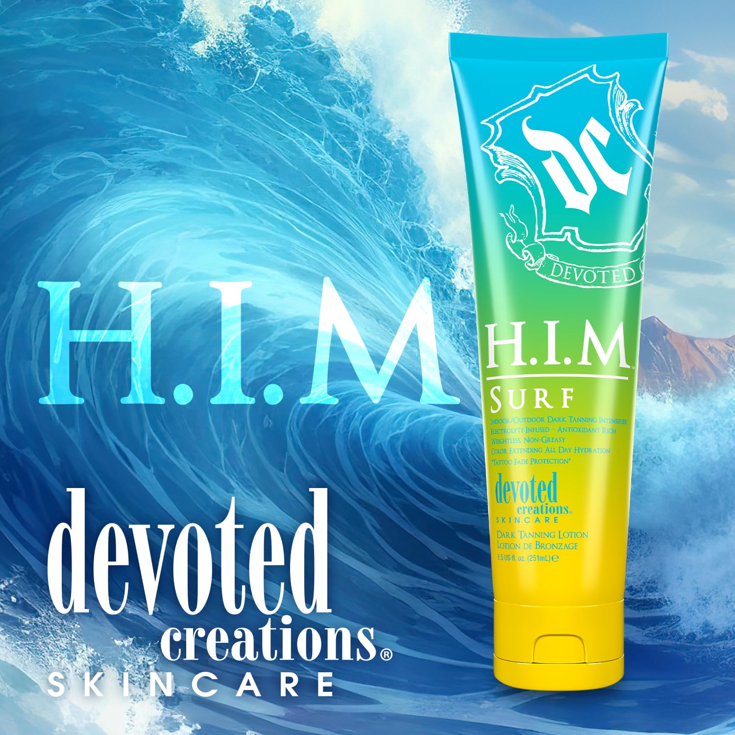 Devoted Creations HIM Surf, lotion bronzante, application facile pour bronzage durable.