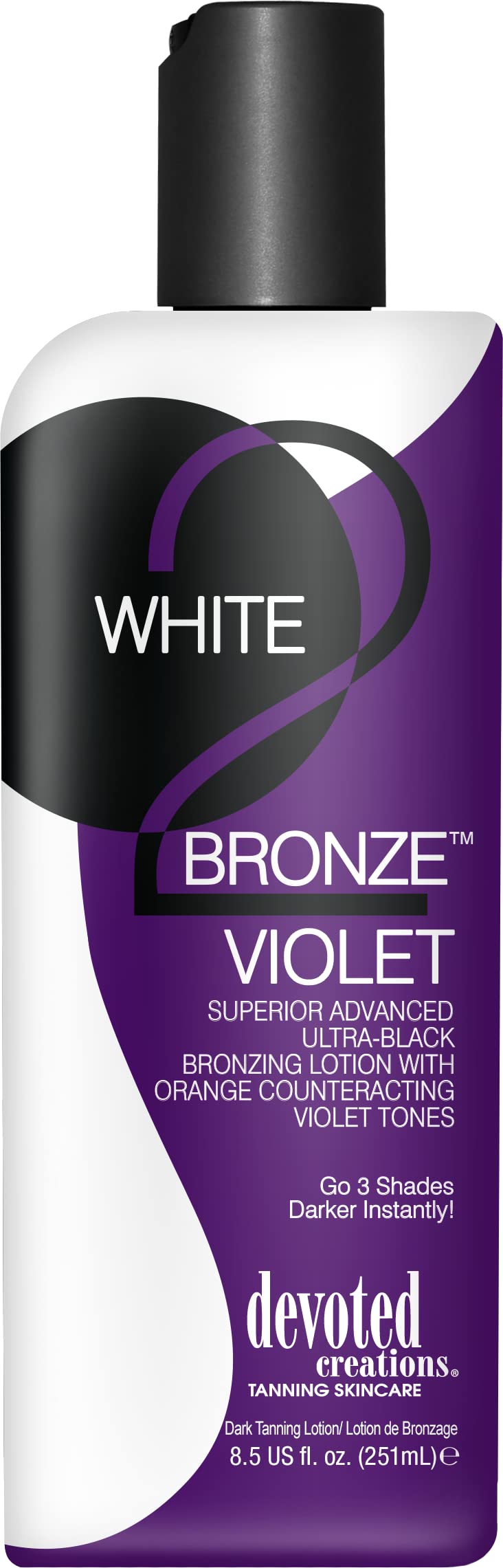 Devoted Creations White 2 Bronze Violet flacon – bronzage profond et hydratation durable.