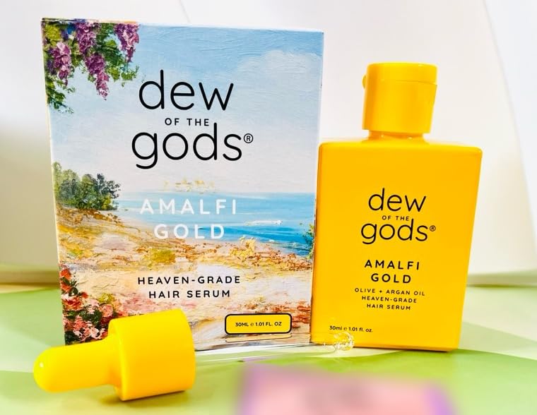 Dew Of The Gods Amalfi Gold Sérum pour cheveux, bouteille, nourrit et dompte les frisottis.