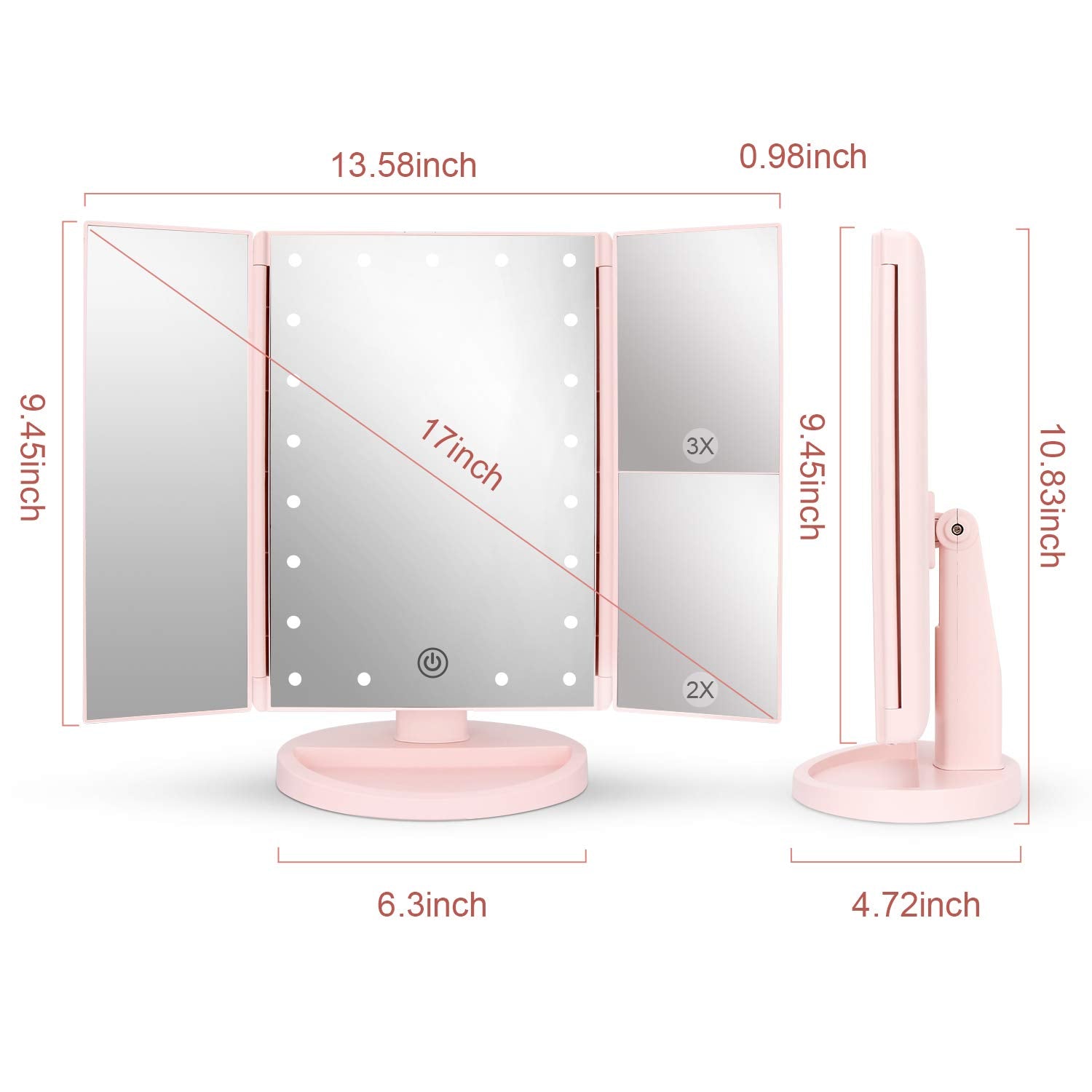 Miroir Deweisn tri-fold avec magnification 3X-2X-1X.