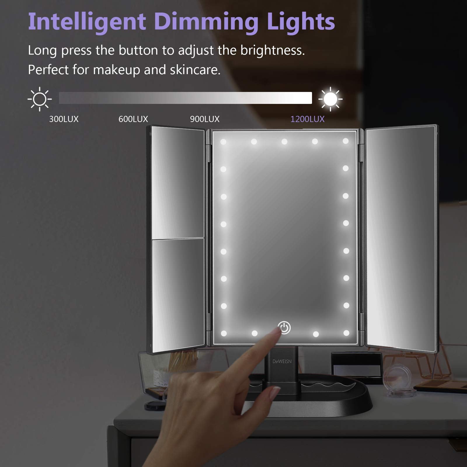 Base de rangement intégrée pour pinceaux et bijoux.