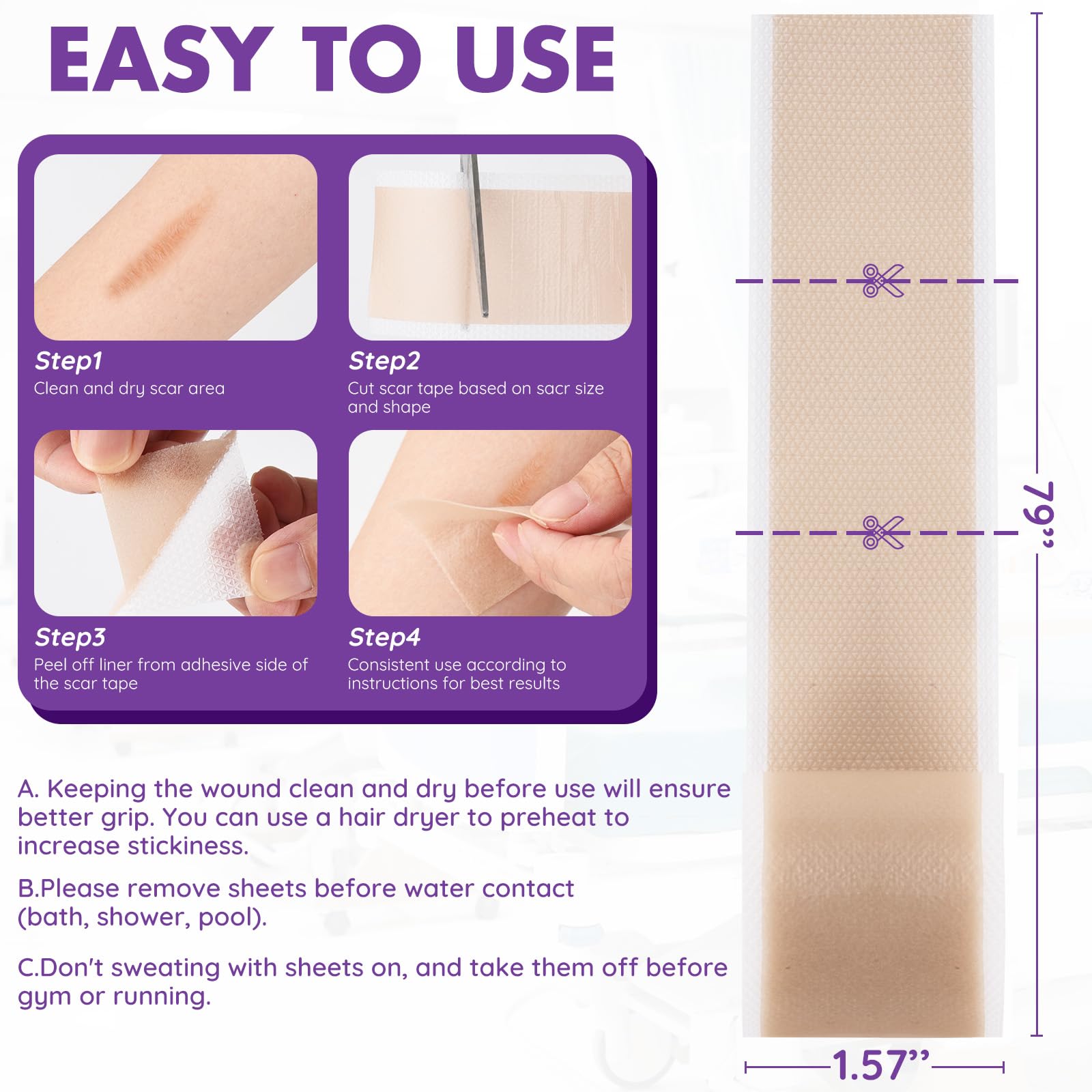 Bande silicone cicatrice DFK hypoallergenique, sûre pour enfants et adultes.
