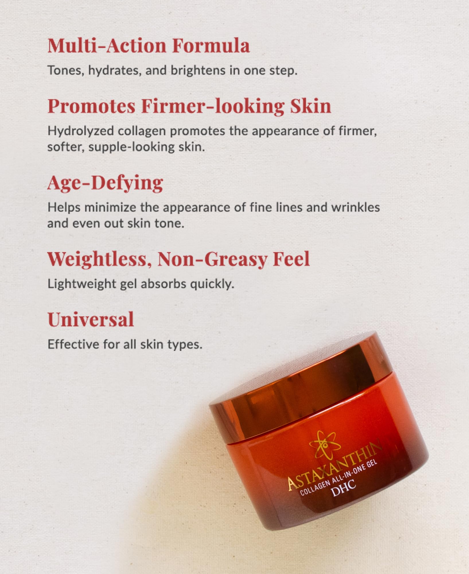 DHC Astaxanthin Collagen Gel – application visage rapide et teint tonifié.