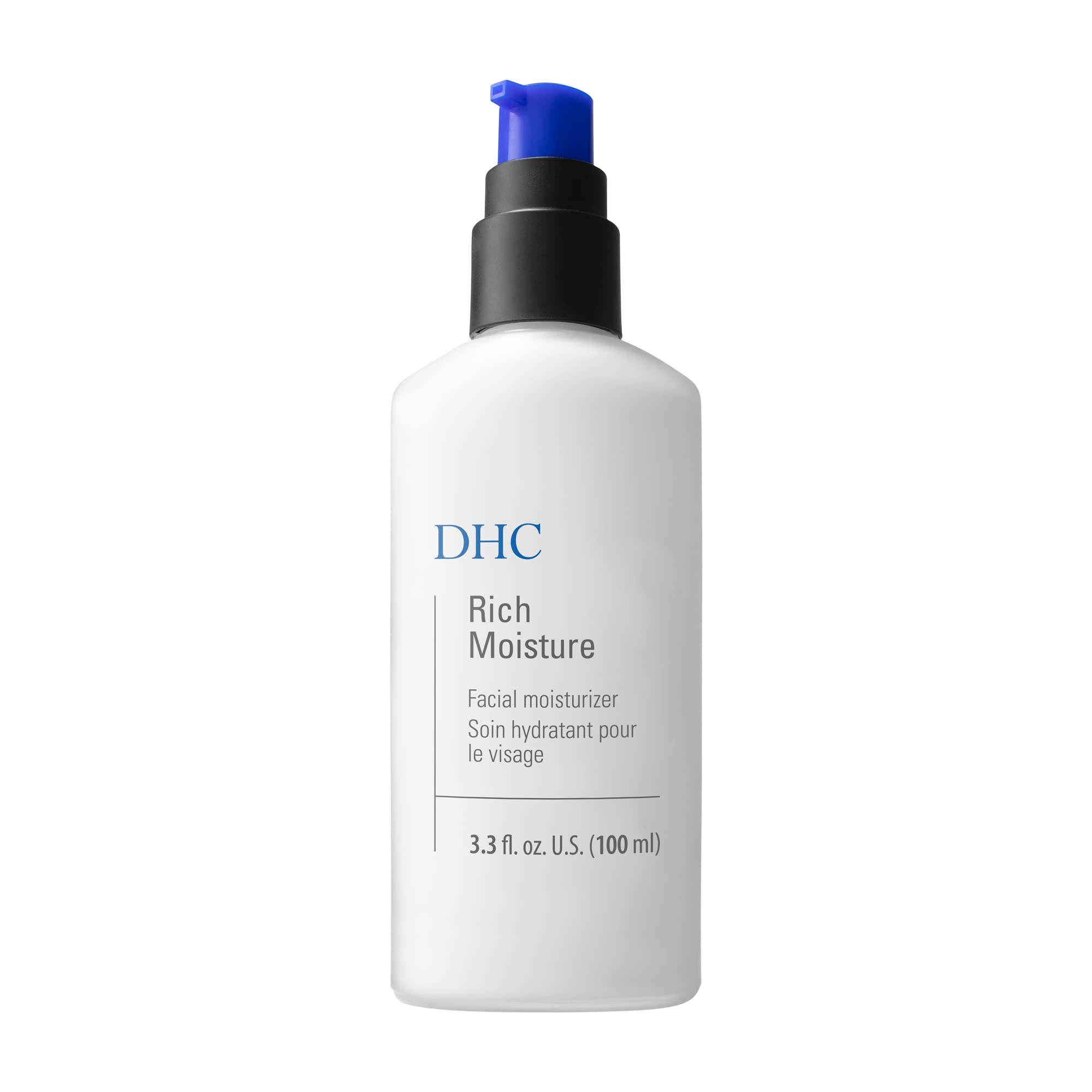 dhc-rich-moisture montre sa bouteille d'hydratation legere pour peau seche et sensible