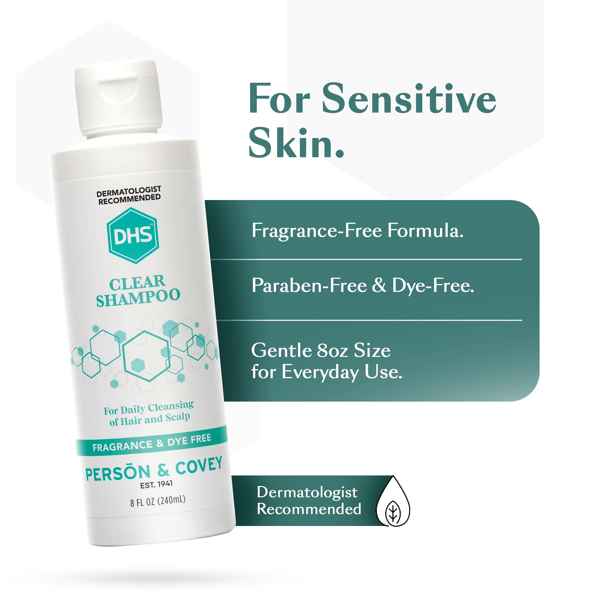 Close-up of DHS Clear Shampoo label highlighting fragrance-free, dye-free formula.